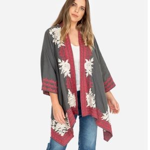 Johnny Was Gray Open Cardigan with Red Trim and Cream Floral Embroidery